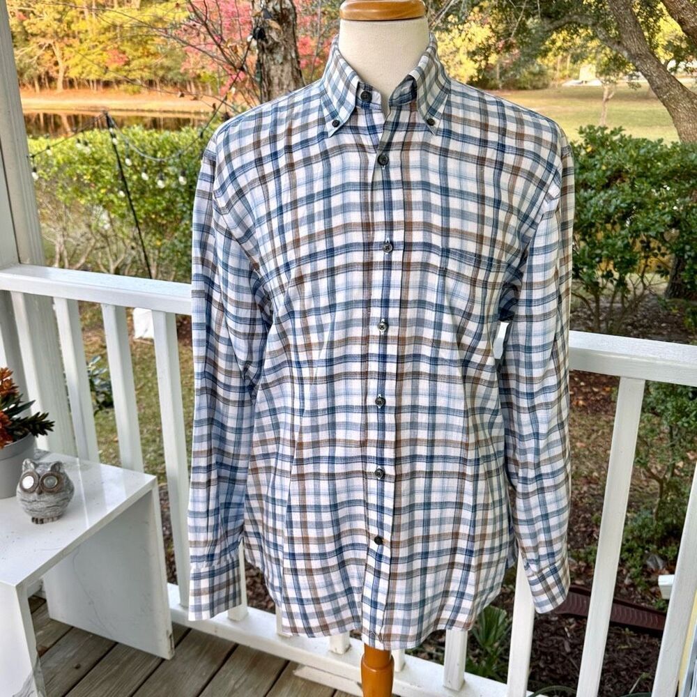 Robert Talbott Carmel Plaid Linen Shirt. Large.